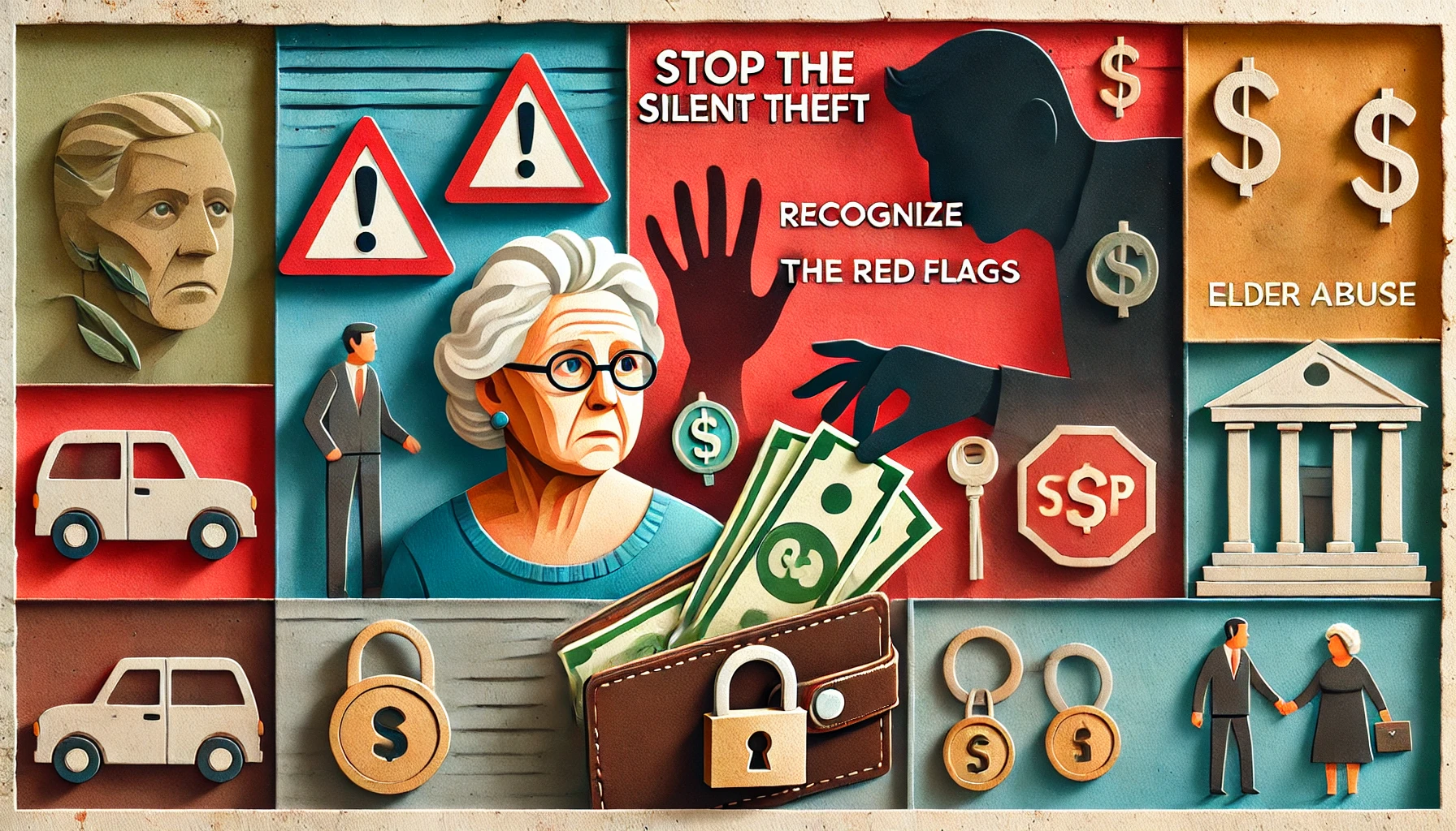 DALL·E 2025-03-19 21.49.35 - A layered paper-style illustration depicting financial elder abuse awareness. The image features an elderly person looking concerned while a shadowy f