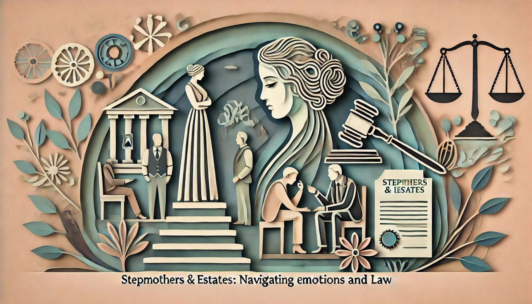 DALL·E 2025-03-27 20.46.30 - A layered paper-cut artistic style illustration with muted pastel colors in a somber tone, depicting the theme 'Stepmothers & Estates_ Navigating Emot