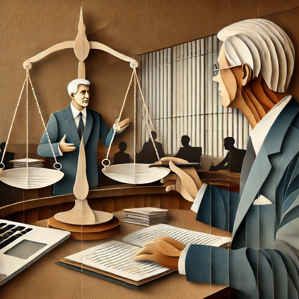 DALL·E 2025-03-14 08.21.12 - A layered paper-style illustration of a courtroom scene where a determined attorney is advocating for their client in an estate dispute. A large, bala